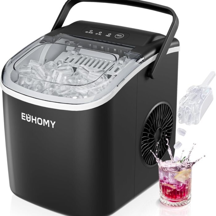 EUHOMY Countertop Ice Maker Machine with Handle, 26lbs in 24Hrs, 9 Ice Cubes Ready in 6 Mins, Auto-Cleaning Portable Ice Maker with Basket and Scoop, for Home/Kitchen/Camping/RV.