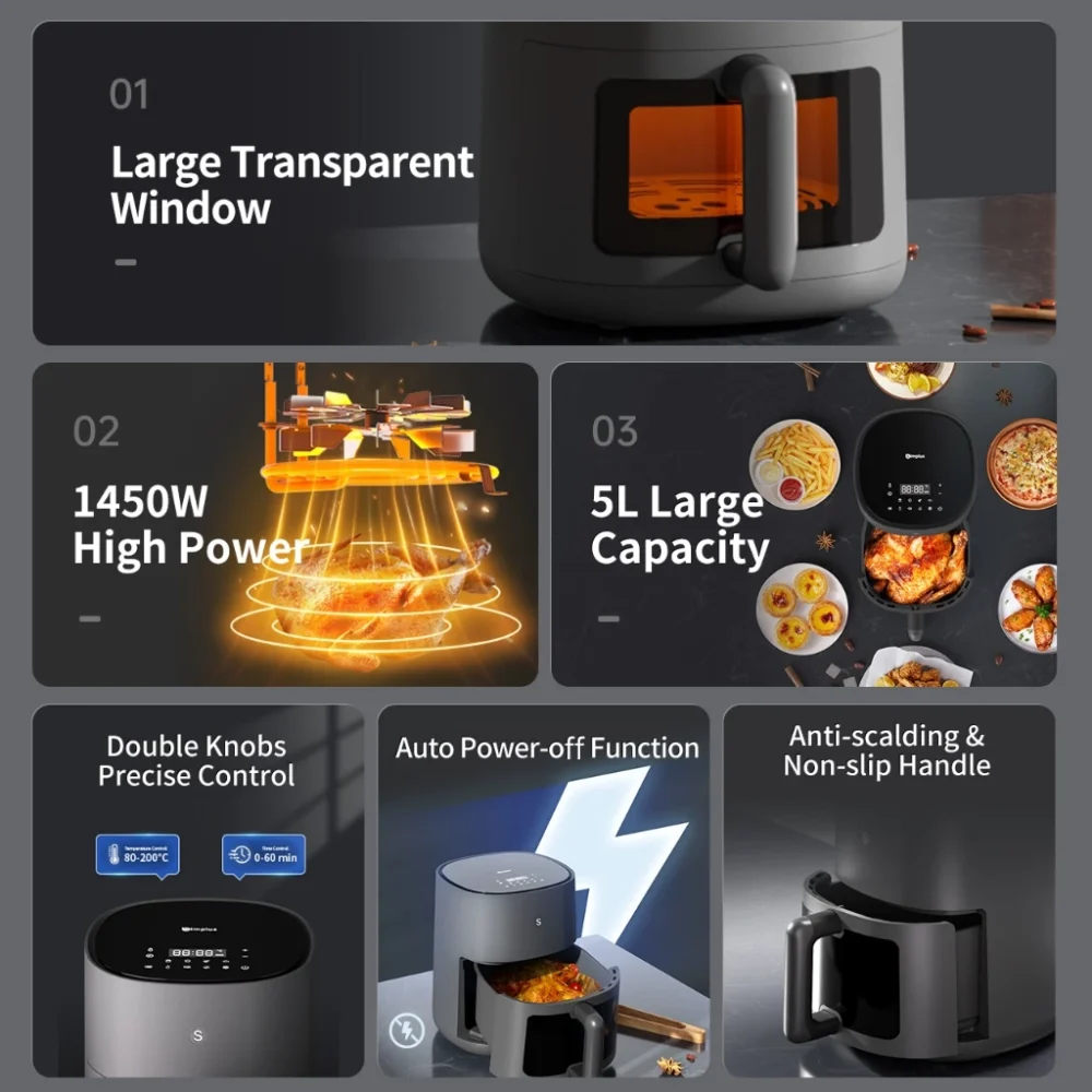 Simplus Digital Air Fryer 5L 1450W Multi-functional Digital LED Screen Touch Smart Sensing Power OFF - Image 2