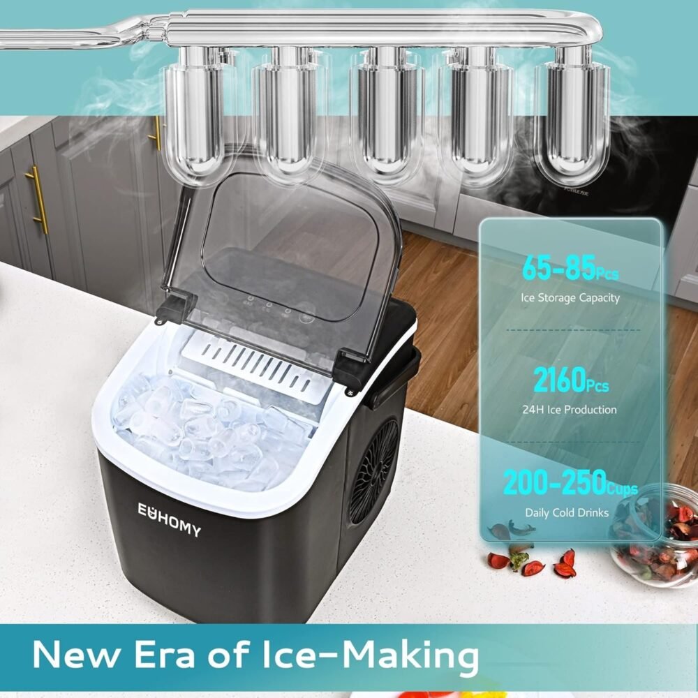 EUHOMY Countertop Ice Maker Machine with Handle, 26lbs in 24Hrs, 9 Ice Cubes Ready in 6 Mins, Auto-Cleaning Portable Ice Maker with Basket and Scoop, for Home/Kitchen/Camping/RV. - Image 3