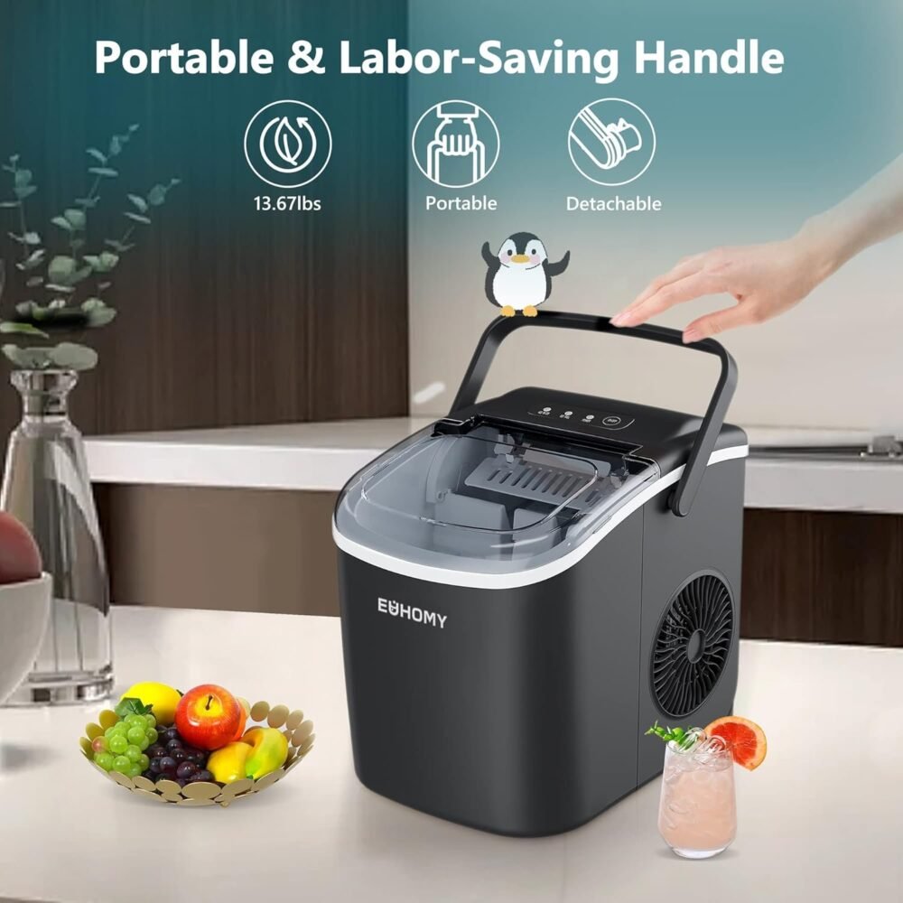 EUHOMY Countertop Ice Maker Machine with Handle, 26lbs in 24Hrs, 9 Ice Cubes Ready in 6 Mins, Auto-Cleaning Portable Ice Maker with Basket and Scoop, for Home/Kitchen/Camping/RV. - Image 4