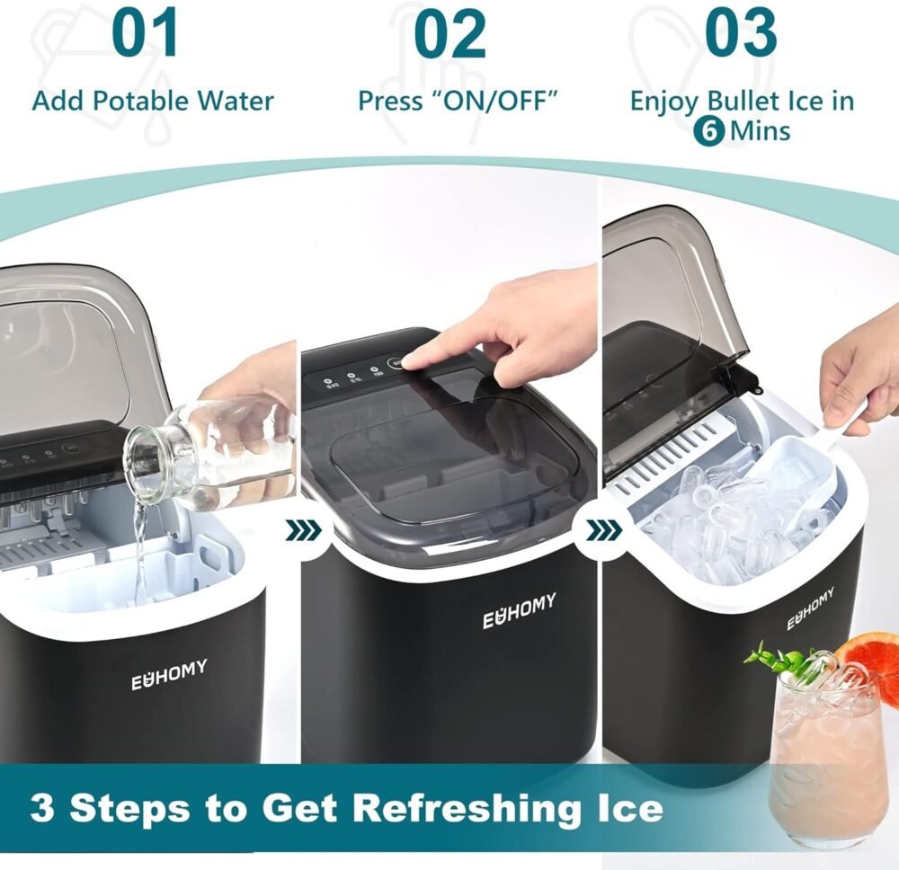 EUHOMY Countertop Ice Maker Machine with Handle, 26lbs in 24Hrs, 9 Ice Cubes Ready in 6 Mins, Auto-Cleaning Portable Ice Maker with Basket and Scoop, for Home/Kitchen/Camping/RV. - Image 7