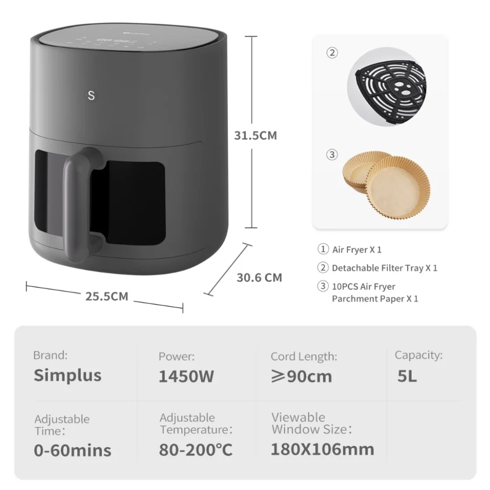 Simplus Digital Air Fryer 5L 1450W Multi-functional Digital LED Screen Touch Smart Sensing Power OFF - Image 9
