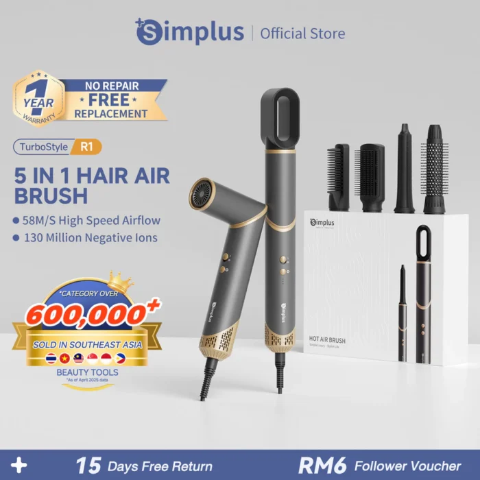 Simplus Hair Dryer Brush 5 In 1 Multifunctional Styler Hair Curler Straightener Foldable Design 130Million Negative Ions